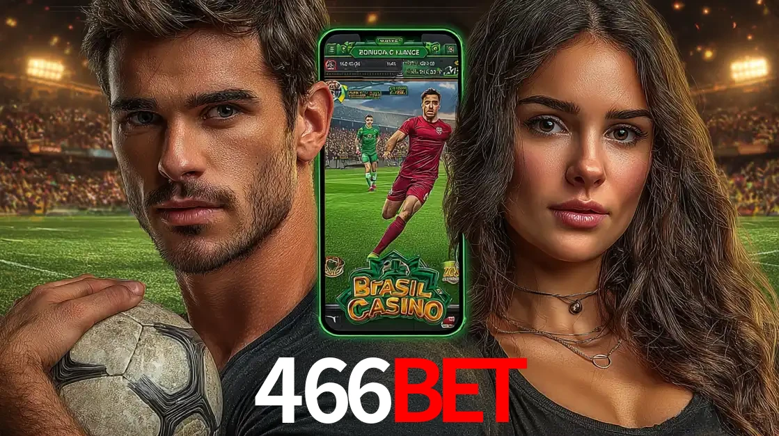 Homem segurando uma bola de futebol e uma mulher ao lado de um smartphone exibindo o jogo de apostas esportivas da 466BET. Faça seu palpite no cassino online.